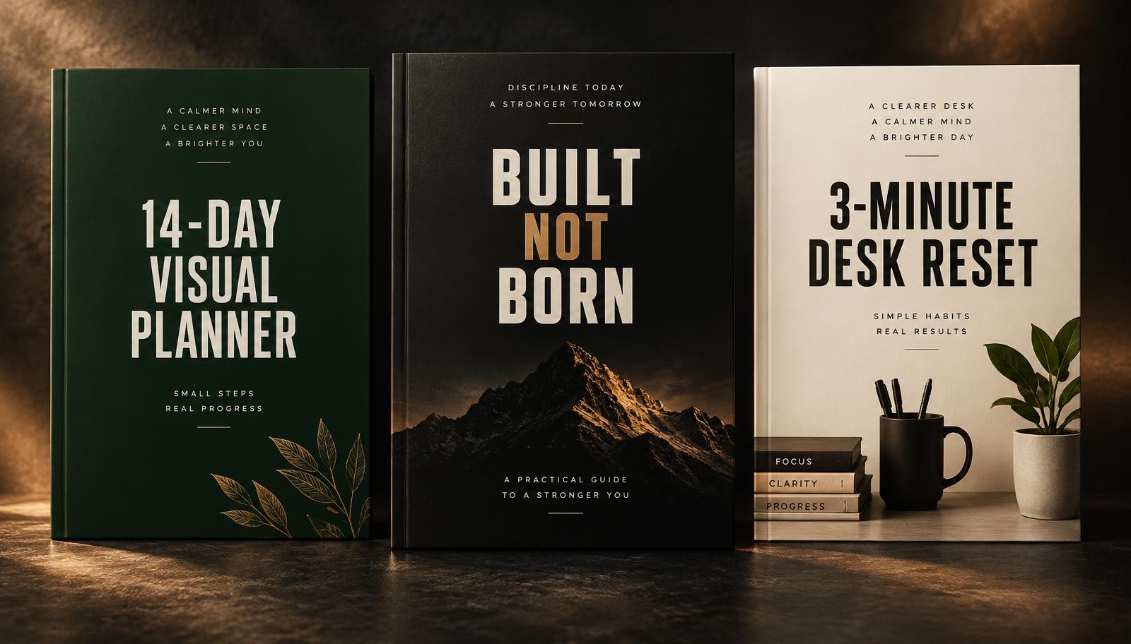 Mockups of the main ebook, the 14-Day Visual Planner, and the 3-Minute Desk Reset